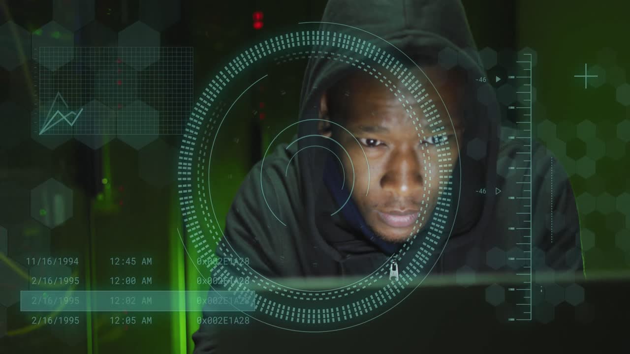 Animation of data processing over african american male hacker in server room