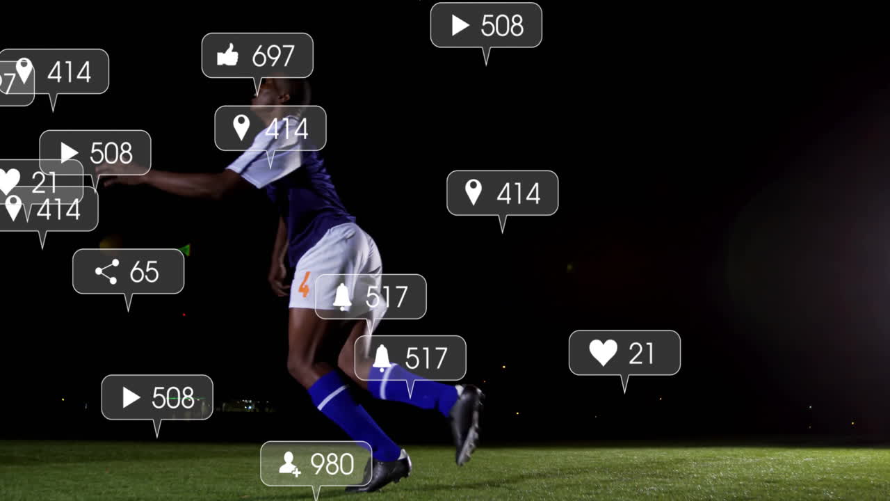 Kicking ball on dark field, soccer player with animation of social media icons