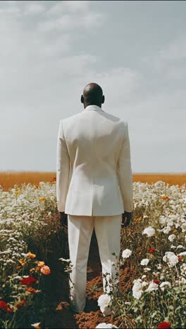 man in a white suit in a field of flowers