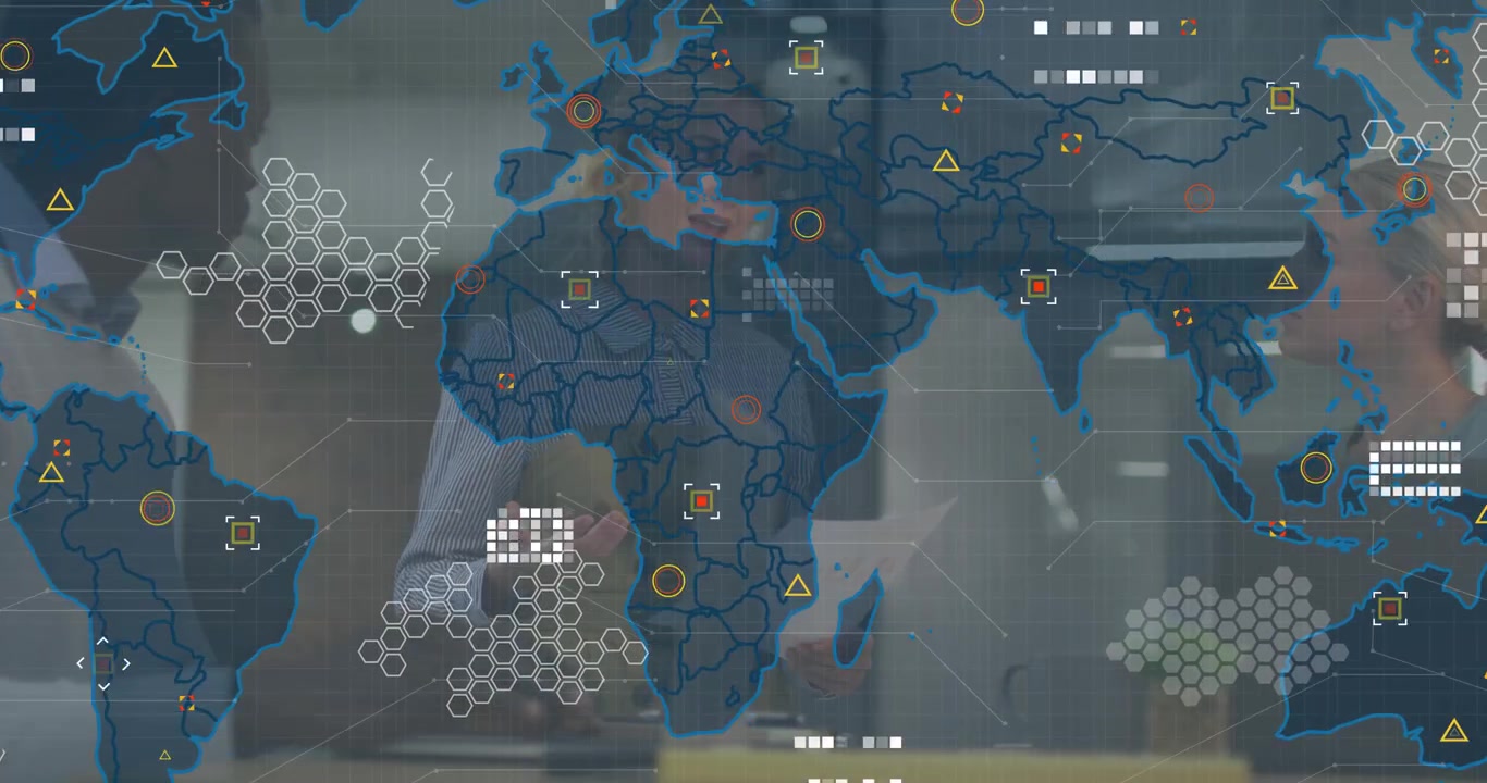 Manager tapping smartphone and launching data icons on world map showing stats for business meeting