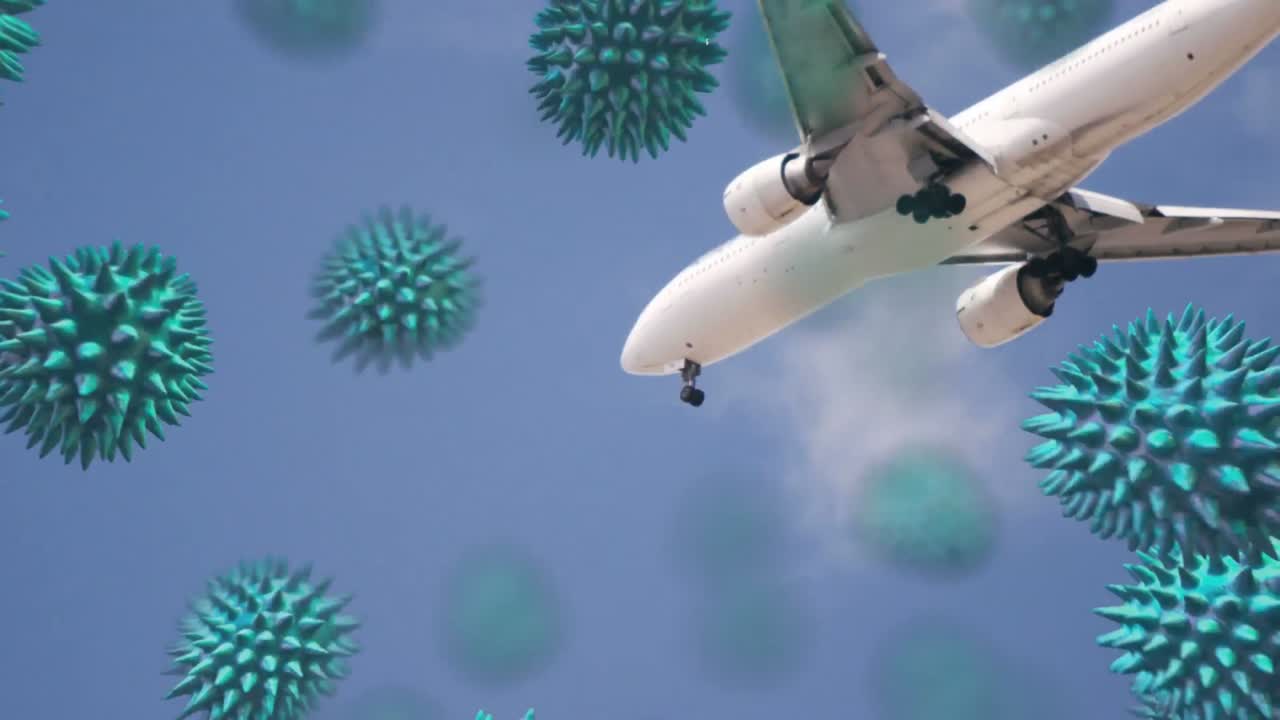 animación de células de macro coronavirus covid-19 que se propagan sobre un avión a reacción que vuela en el cielo.