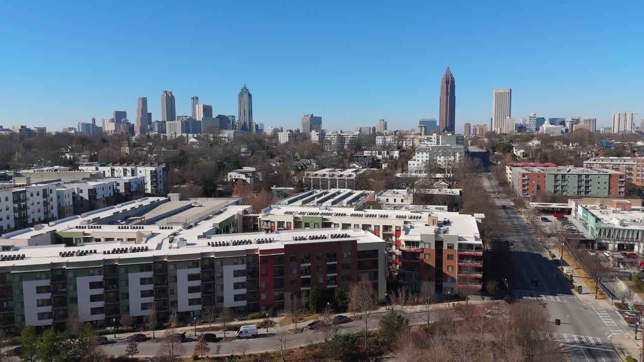 Aerial push in on Atlanta's Midtown skyline.
