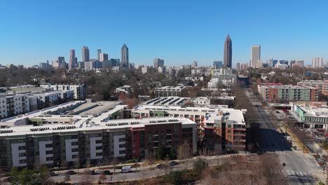 aerial push in on atlanta's midtown skyline.