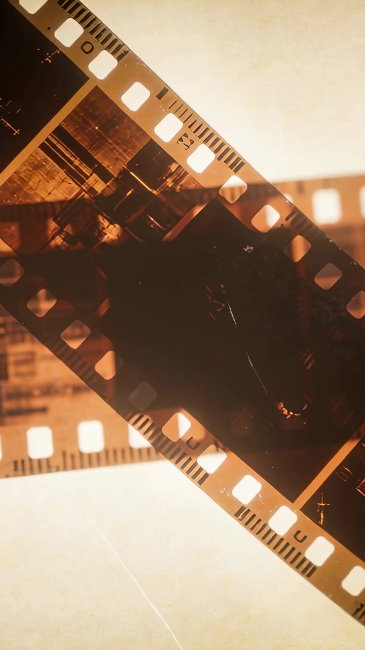 Video verticale: Striscia di pellicola da 35mm che scorre, una mano che spinge i fotogrammi sopra una scatola ambrata, figure da ispezionare.