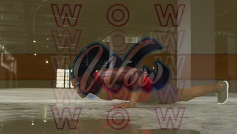 composición digital de wow texto contra los hombres que realizan un ejercicio de empuje con una mano