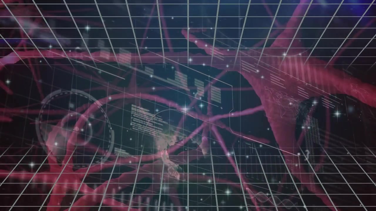 Animation of neurons and lines over data processing on black background