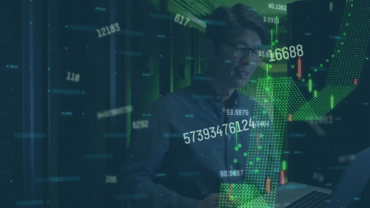 Animation of data processing over asian man in server room