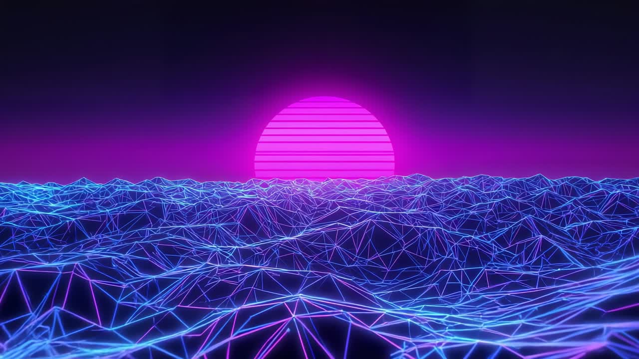 Starting neon-blue wireframe grid and magenta striped sun pulsing and throbbing at digital horizon