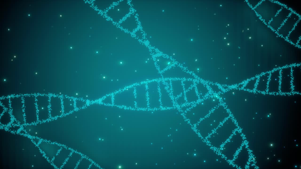 Animazione 3D renderizzata di molecola di DNA rotante e luminosa su sfondo blu. Concetto di genetica.