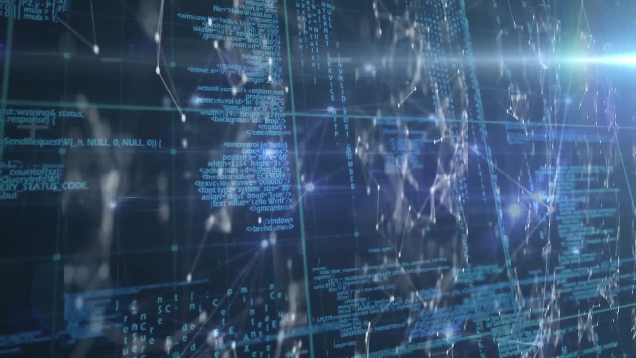 Animation of network of connections and data processing over blue grid