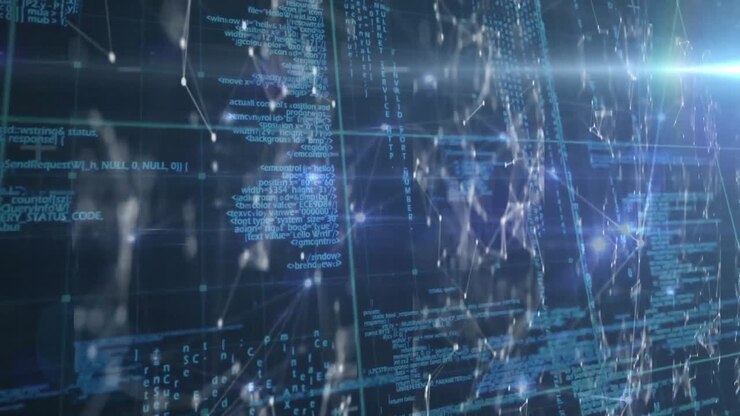 Animation of network of connections and data processing over blue grid