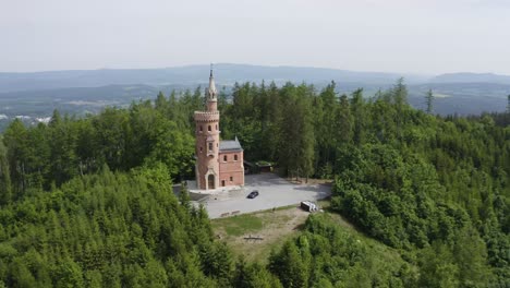 aerial view of a brick tower in a forest