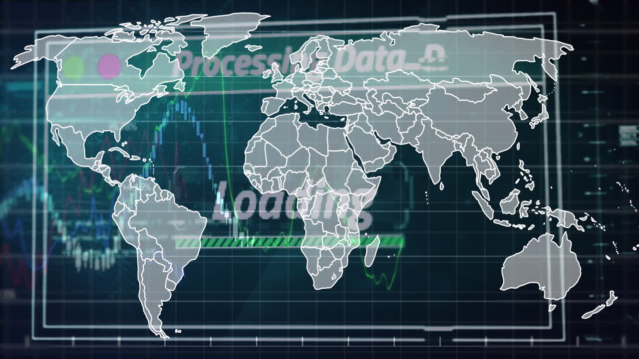 Animation of map moving over digital screen with progressing data and loading text against graphs