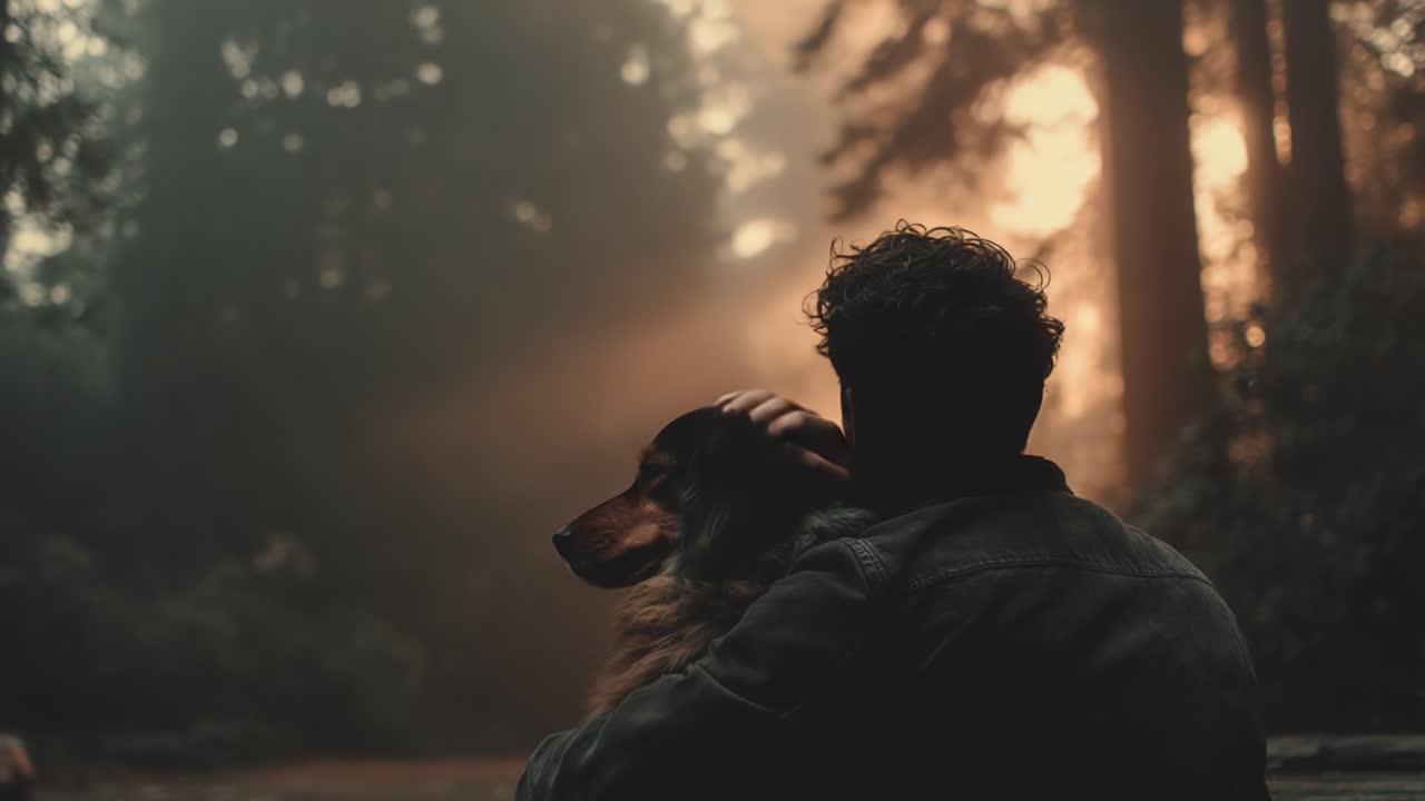 A Serene Moment in Nature: A Person Embracing Their Dog Amidst Majestic Forest Backdrop at Dusk, Bathed in Soft, Golden Light