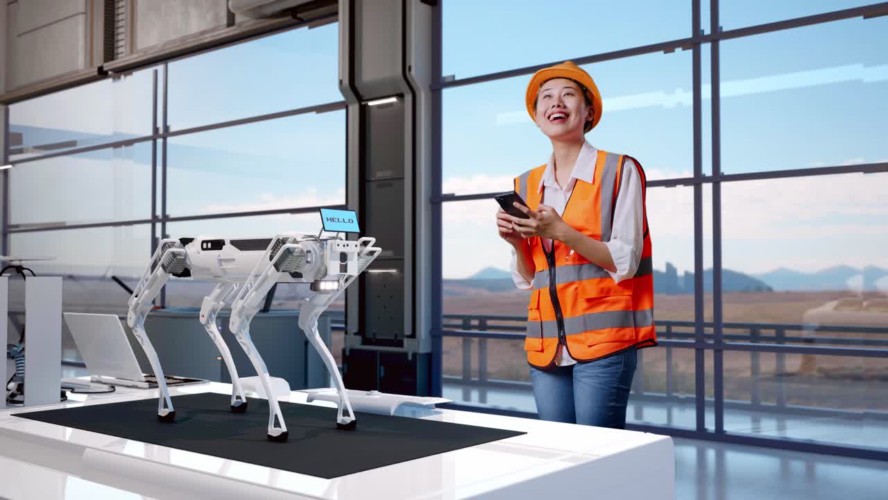 vista lateral completa del cuerpo de una ingeniera asiática con casco de seguridad usando un teléfono inteligente y mirando a su alrededor mientras está de pie en una fábrica de alta tecnología, analizando el concepto de máquina robótica