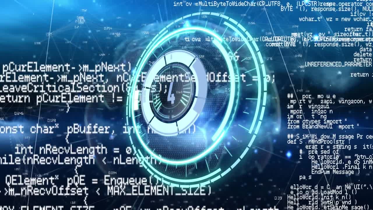 해군 배경에서 전 세계를 가로지르는 처리 원과 데이터의 애니메이션