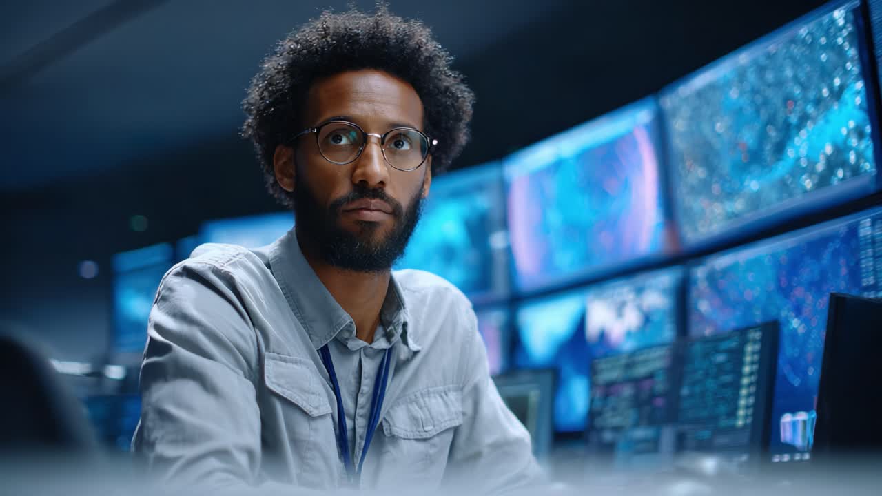 Focused Analyst Engaged in Data Monitoring at a High-Tech Control Center Surrounded by Multiple Screens Displaying Complex Information and Graphics