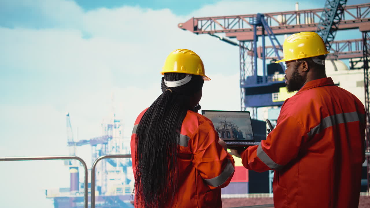 Vertical video Drilling rig boat engineering team using laptop to monitor equipment systems