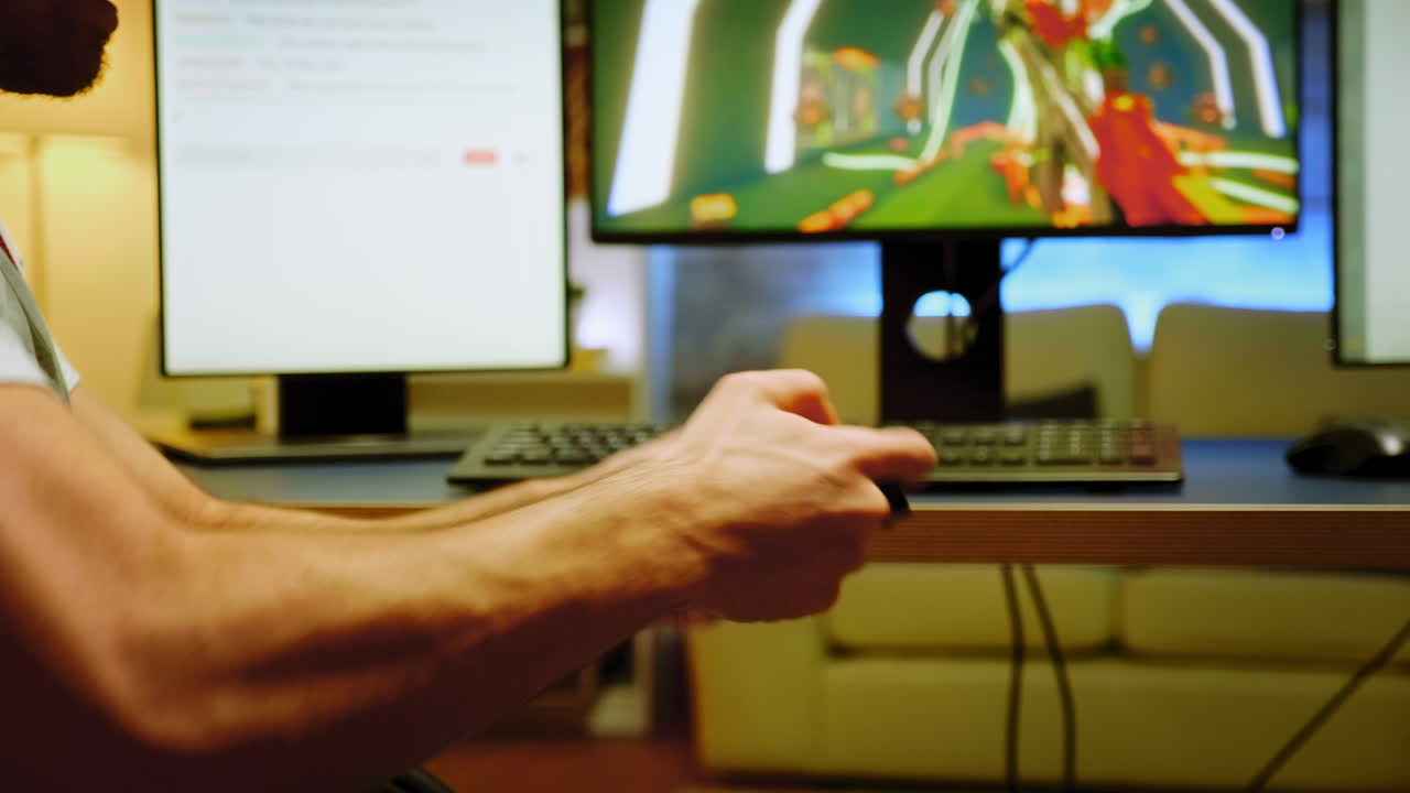 primer plano de un jugador profesional jugando juegos de disparos