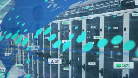 animation of data processing and world map over server room