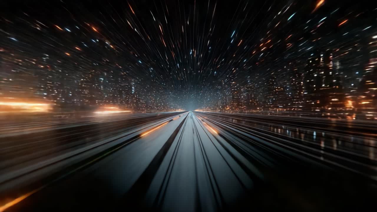 Una visualizzazione mozzafiato di movimento ad alta velocità attraverso un paesaggio urbano futuristico con luci dinamiche e prospettive astratte che evidenziano l'illusione della velocità