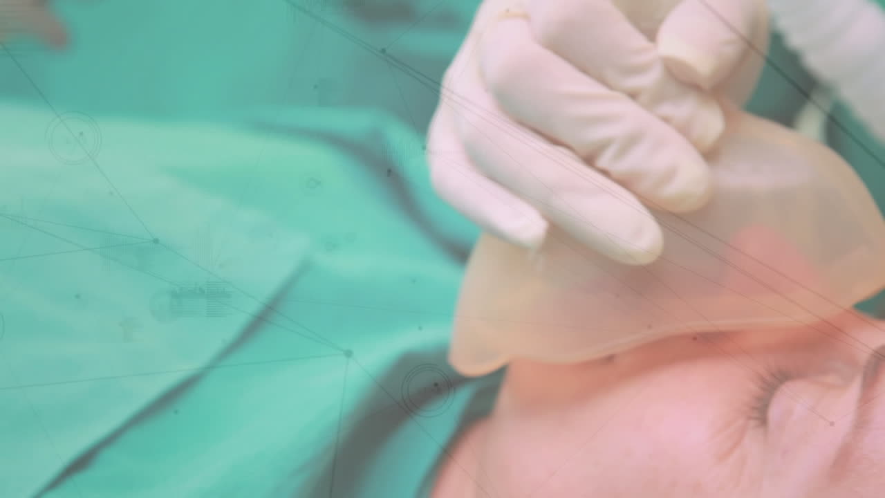 수술실에서 외과 의사들에 대한 연결 네트워크와 데이터 처리의 애니메이션