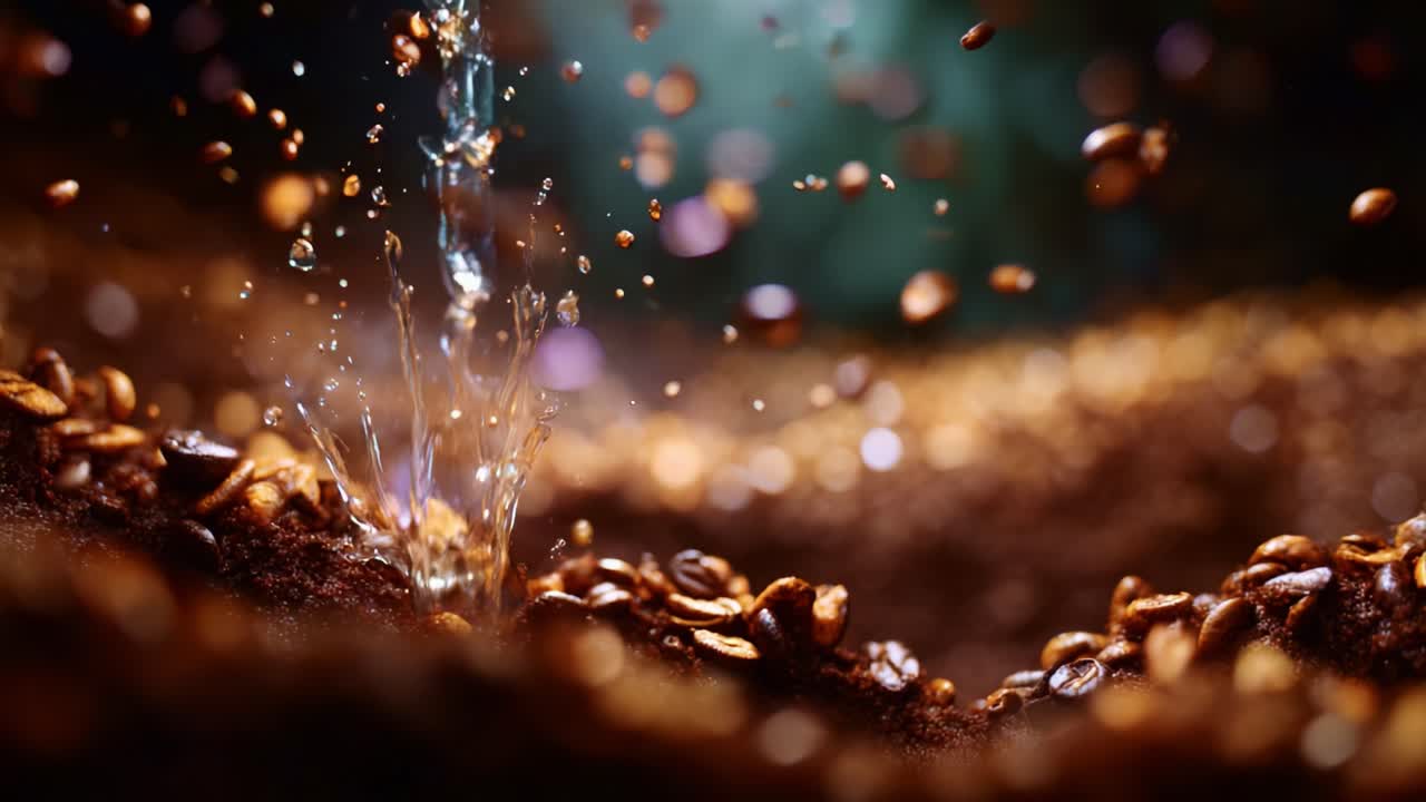 Água caindo sobre grãos de café frescos, criando uma cena dinâmica da natureza e do preparo da bebida com gotículas brilhando sob luz suave