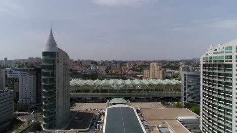 aerial footage of park of the nations in lisbon