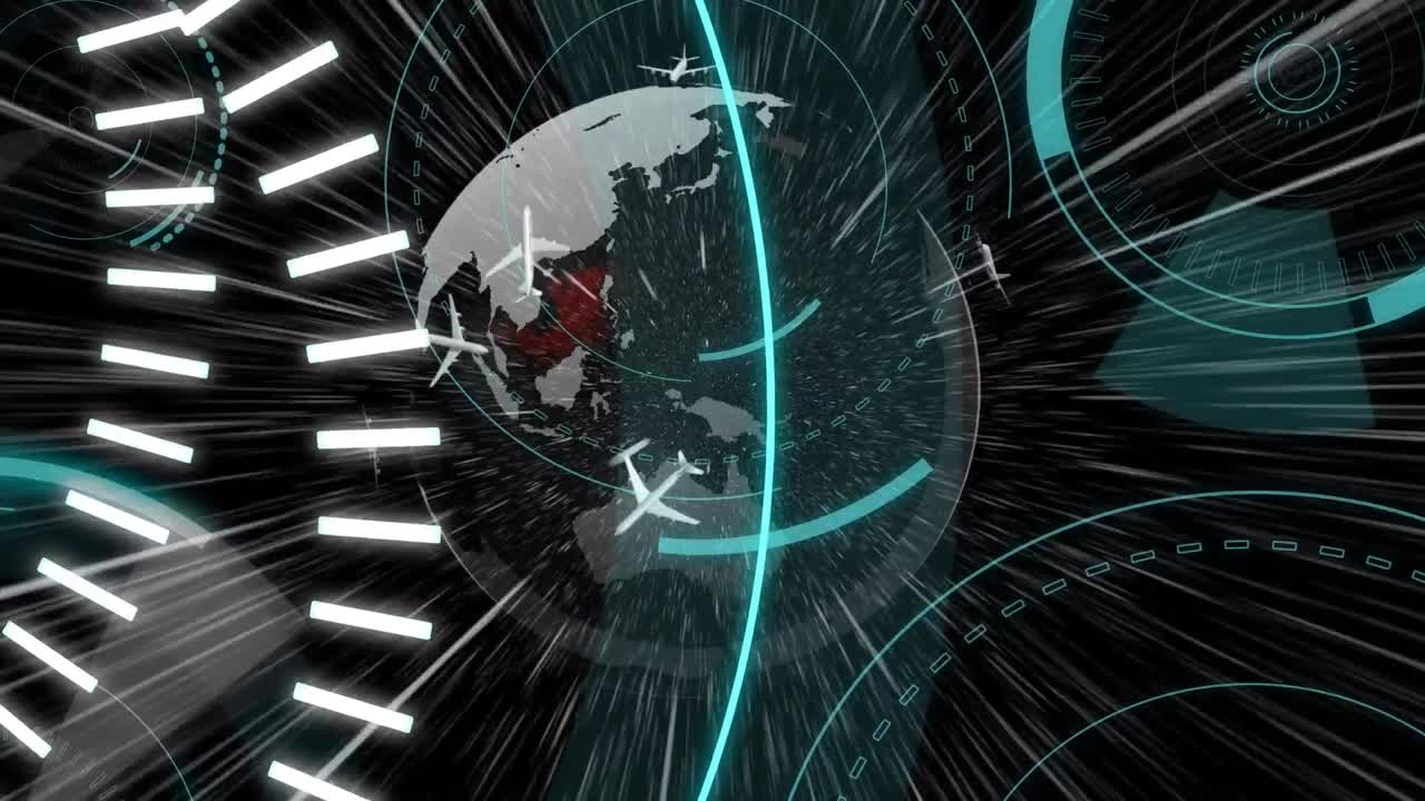 5g text and round scanners against plane icons flying over globe on black background