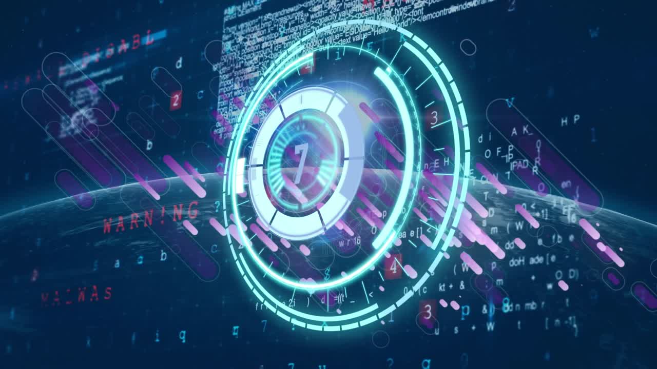 Animation af optælling over data, lilla former og en globus på en marineblå baggrund