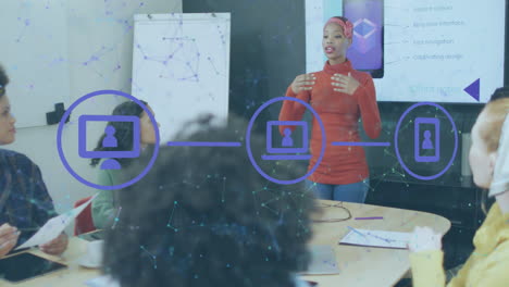 animación de la red de iconos digitales contra una mujer afroamericana dando una presentación en la oficina