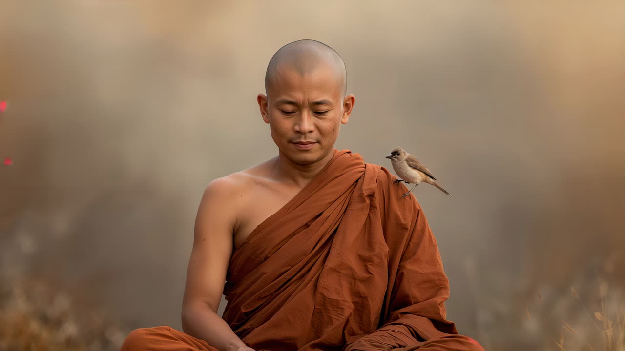 Monje sentado con túnica de azafrán meditando con los ojos bajos en el exterior y un pájaro cantor en el hombro derecho