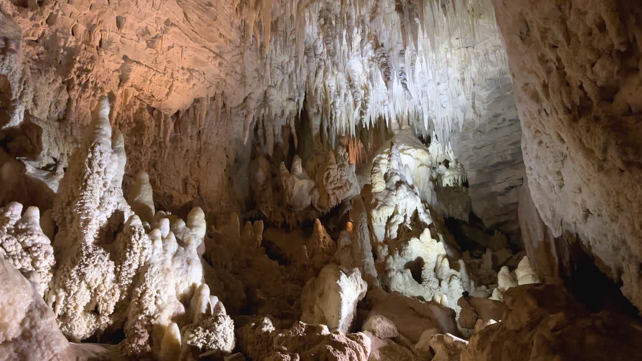 Stalagmites and stalactites create a dramatic underground scene in Waitomo Caves, New Zealand’s North Island. Stunning rock formations and natural patterns make this cave unique