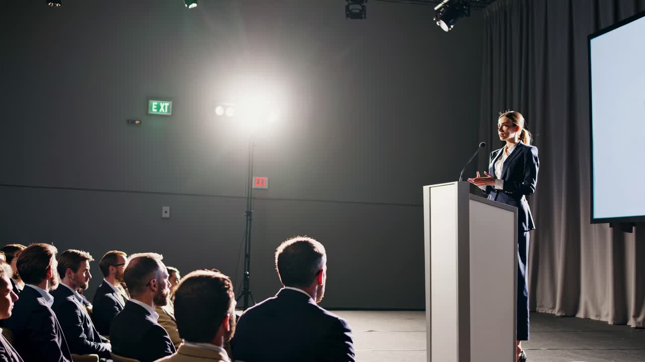 A speaker presents at a conference, captured from a low-angle, emphasizing authority