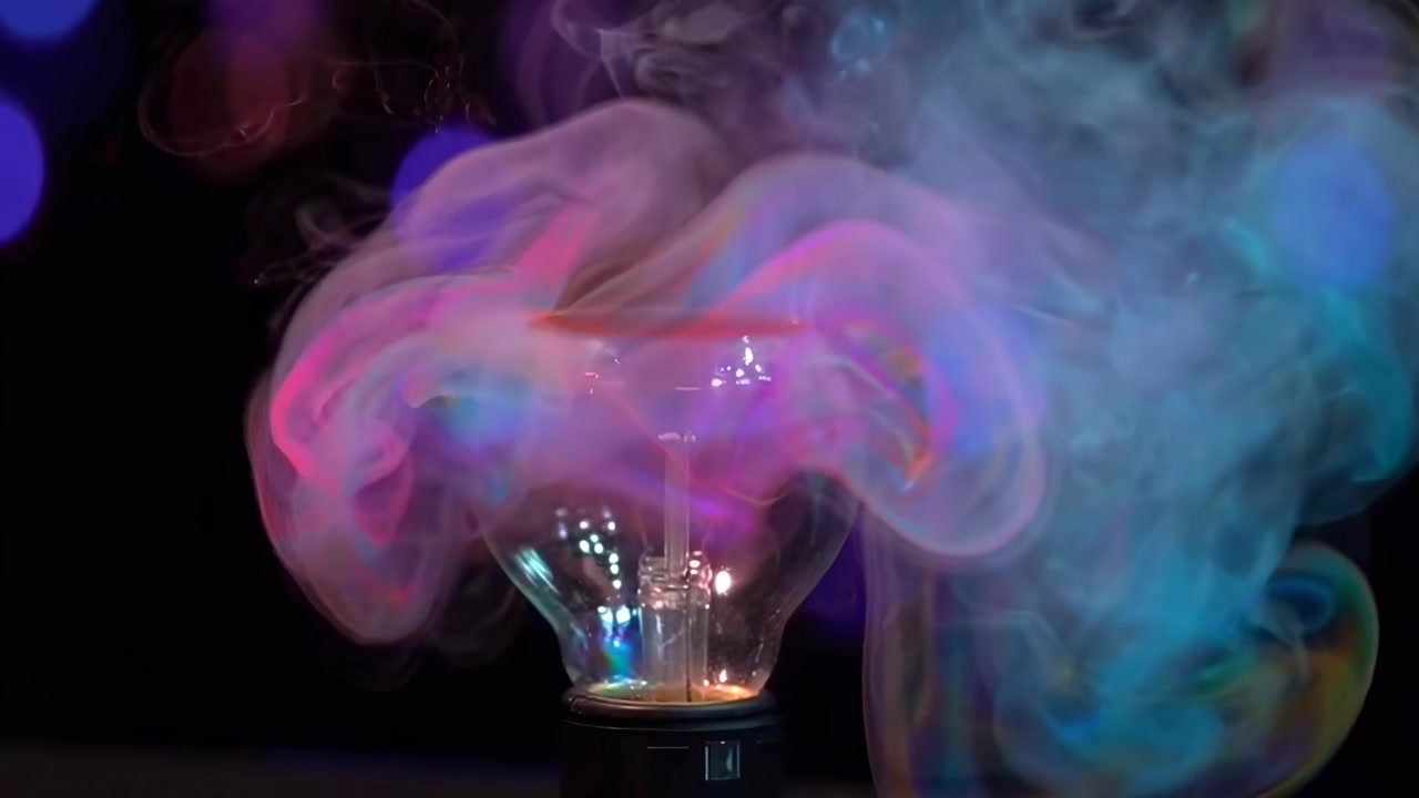 Vibrant Colorful Smoke Swirling Around a Light Bulb on a Dark Background