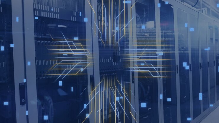 Animation of circuit board and data processing over computer servers