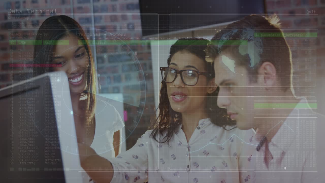 Animation of data processing over diverse business people talking