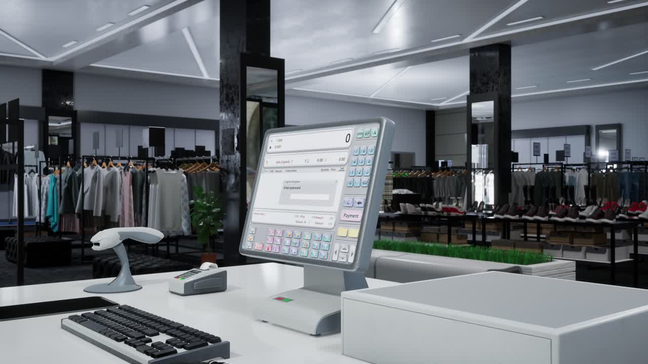 패션 의류 상점. 현금 등록, 스캐너, 상점의 판매 카운터에 있는 컴퓨터