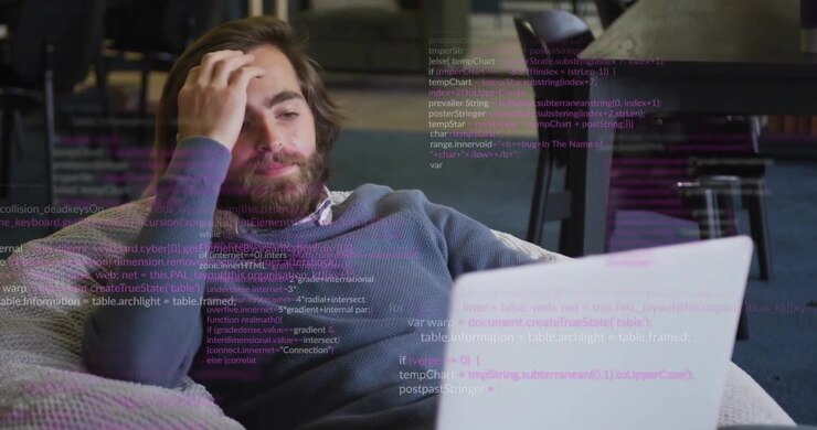 Sinking into beanbag, tech coder powering laptop, scrolling floating code snippets, reviewing code
