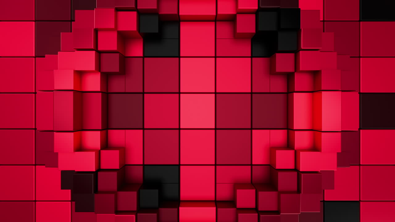 Red 3D cubic block wall background with seamless pulsating loop. 3D rendering