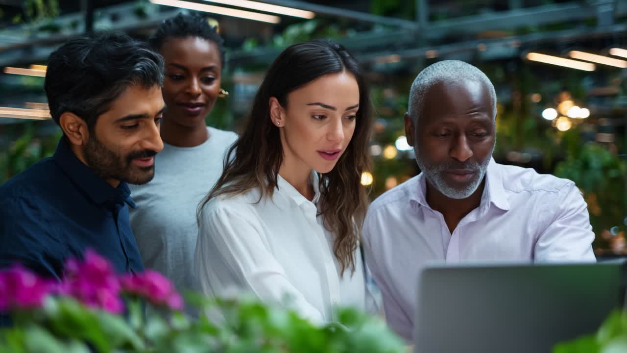 A group of diverse professionals gathered in a vibrant plant-filled environment focuses intently on a laptop, discussing ideas and strategies while fostering collaboration and innovation within their field