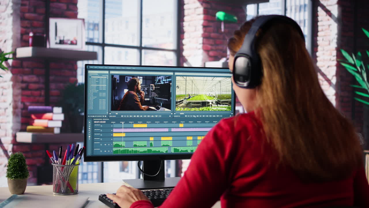 Woman video editing on computer