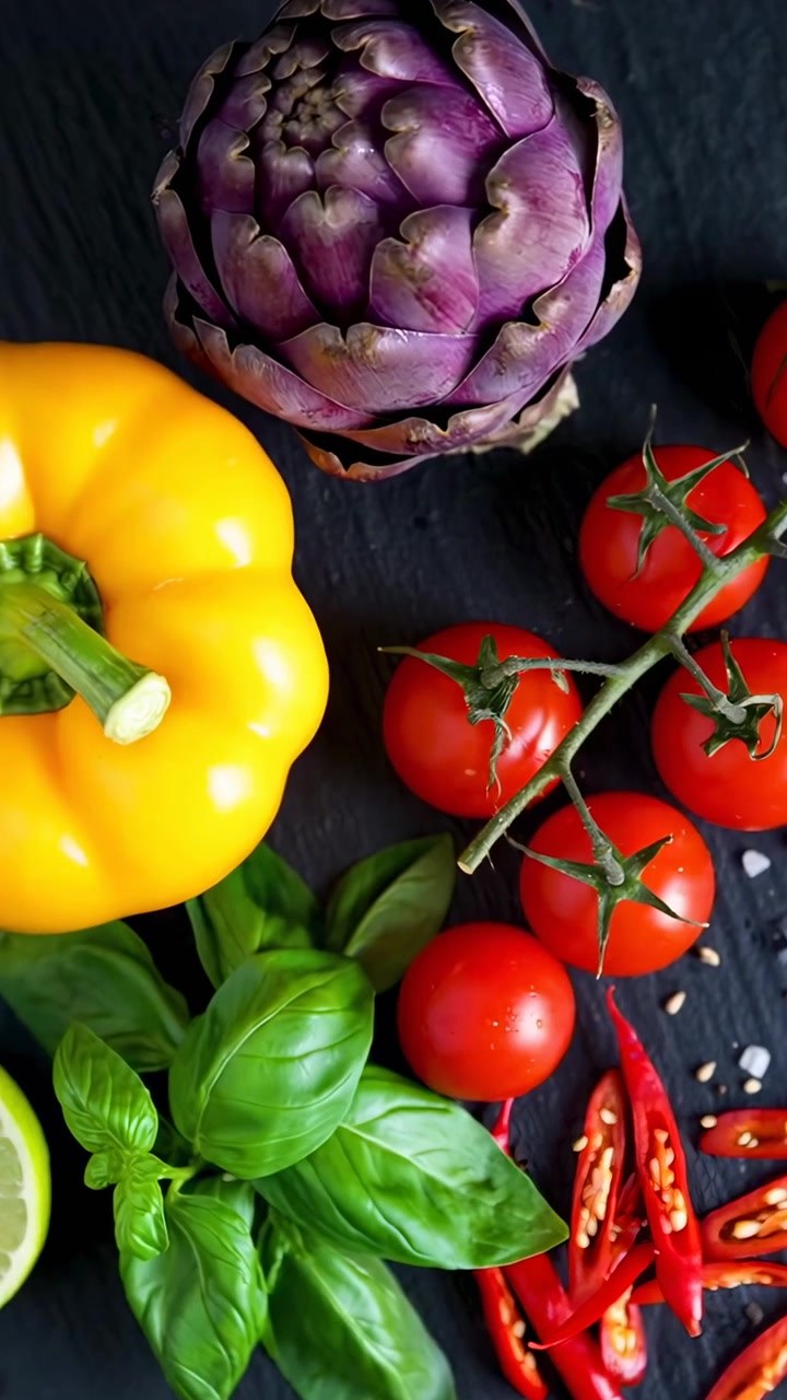 Primer Plano de Vibrantes Verduras y Frutas Frescas sobre una Superficie Negra