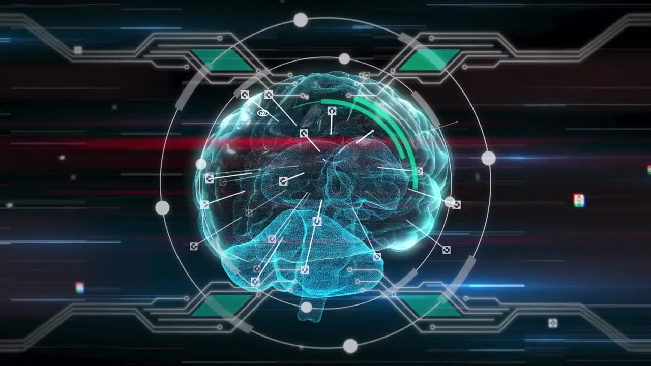 Animation of glowing human brain with digital interface computer circuitboard