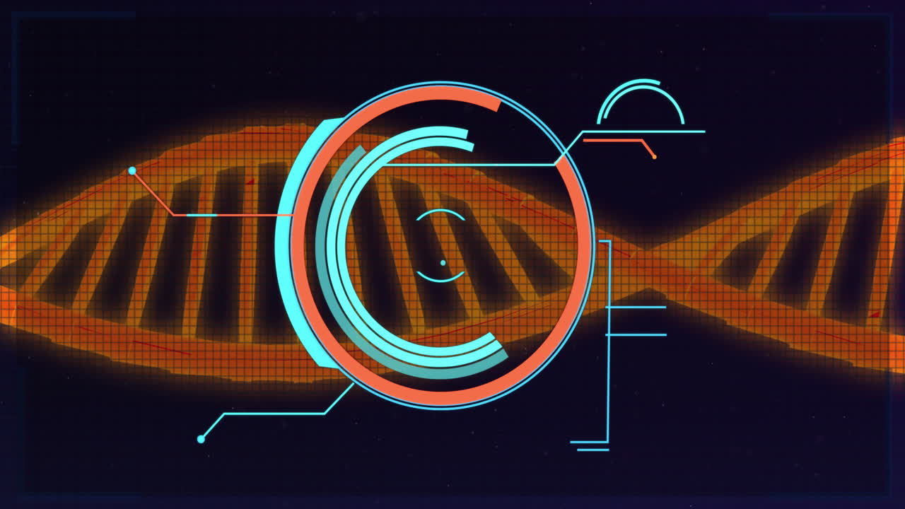 animazione dell'elaborazione dei dati su filamenti di dna su sfondo nero