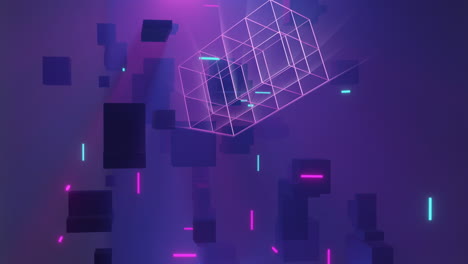 animación de cubos, senderos de luz y formas abstractas que se mueven sobre un fondo rosa