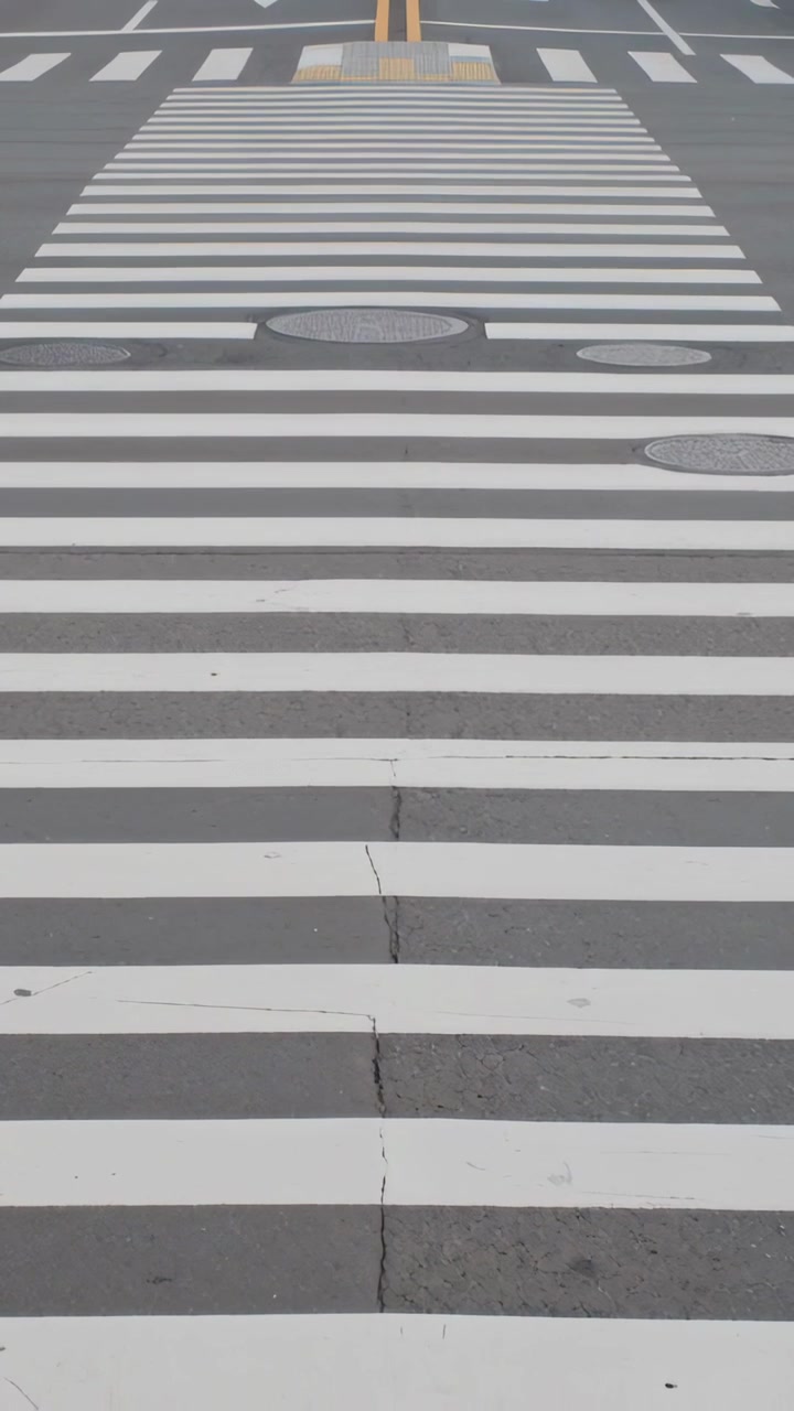 Vertical video: Cam framing zebra crosswalk on road while white car entering lane, manholes, crack