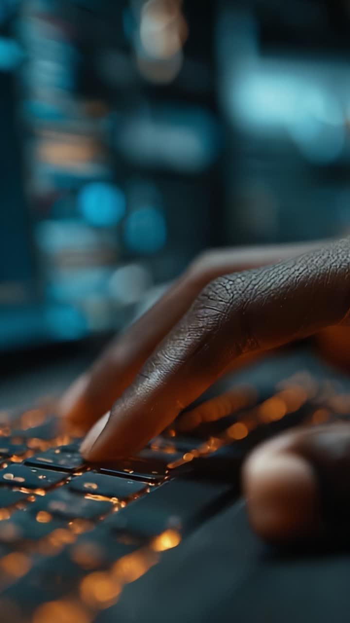 Close-Up on a Hand Skillfully Typing on a Modern Keyboard, Illuminated by Soft Orange Light, Capturing a Moment of Technological Engagement and Creativity