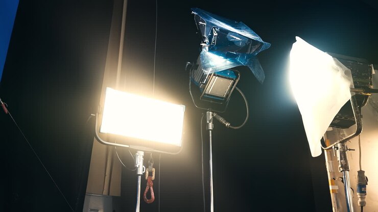 Led lightning systems with color filters in pavilion. Movie set