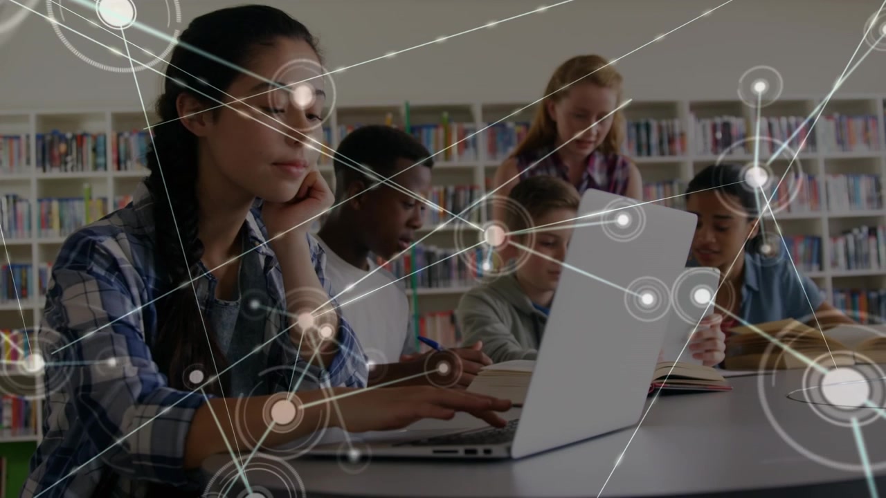 Animation of network of connections over business people using phone headsets